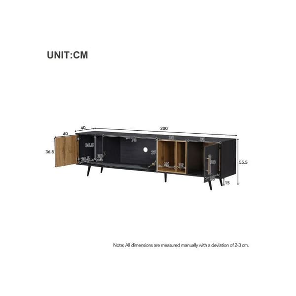 Elegant TV-möbel, 200x40x55,5 cm, mörkt trä, grått och träådring, passar för en 90-tums TV.