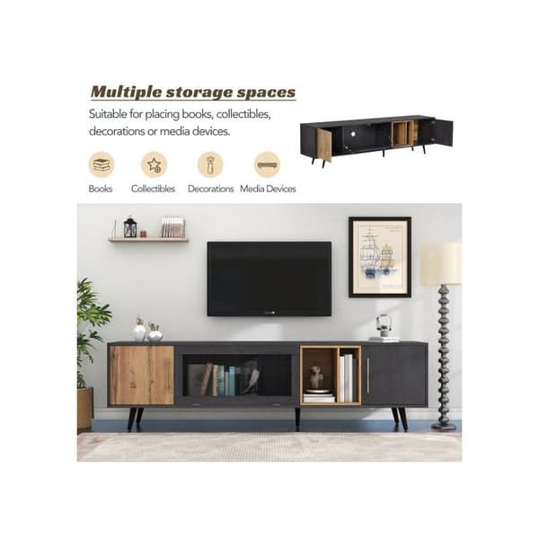 Elegant TV-möbel, 200x40x55,5 cm, mörkt trä, grått och träådring, passar för en 90-tums TV.
