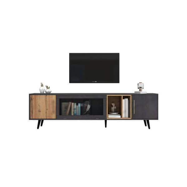 Elegant TV-möbel, 200x40x55,5 cm, mörkt trä, grått och träådring, passar för en 90-tums TV.