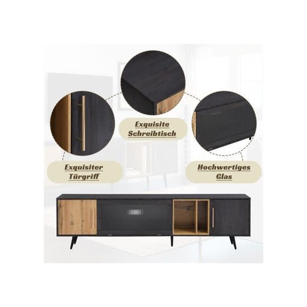 Elegant TV-möbel, 200x40x55,5 cm, mörkt trä, grått och träådring, passar för en 90-tums TV.