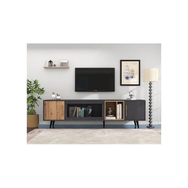 Elegant TV-möbel, 200x40x55,5 cm, mörkt trä, grått och träådring, passar för en 90-tums TV.