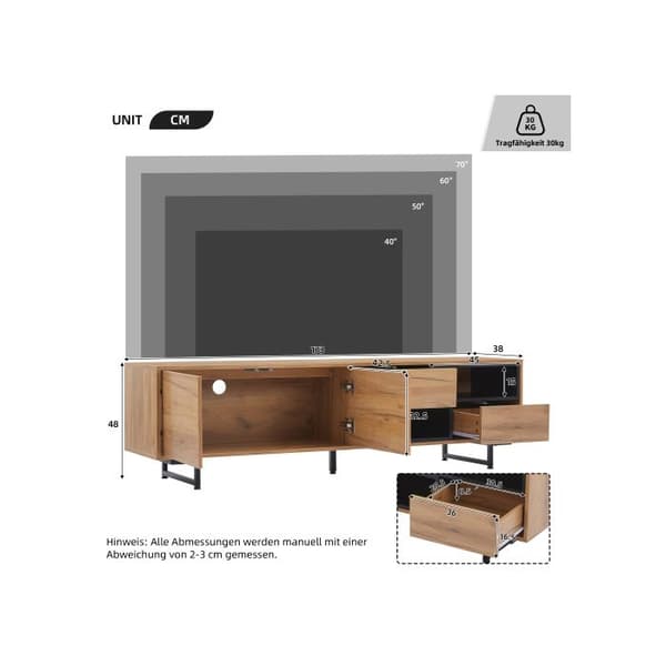 Lågt TV-möbel, öppen förvaring med gångavdelning, passar för en TV upp till 70", 173 x 38 x 48 cm