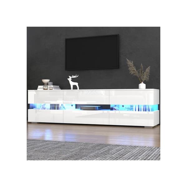 Modernt vit blank TV-möbel, 160x39x45 cm, med LED-belysning, 2 dörrar, 1 låda