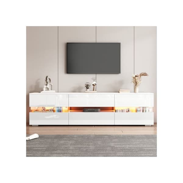 Modernt vit blank TV-möbel, 160x39x45 cm, med LED-belysning, 2 dörrar, 1 låda
