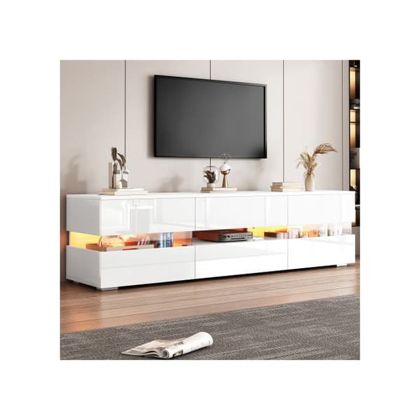 Modernt vit blank TV-möbel, 160x39x45 cm, med LED-belysning, 2 dörrar, 1 låda