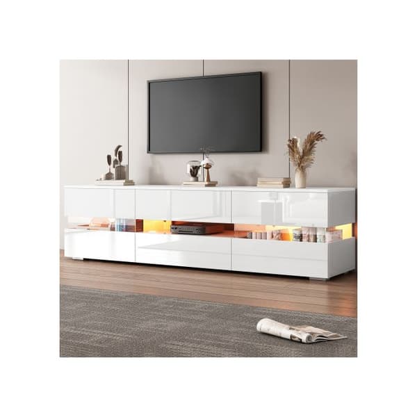 Modernt vit blank TV-möbel, 160x39x45 cm, med LED-belysning, 2 dörrar, 1 låda