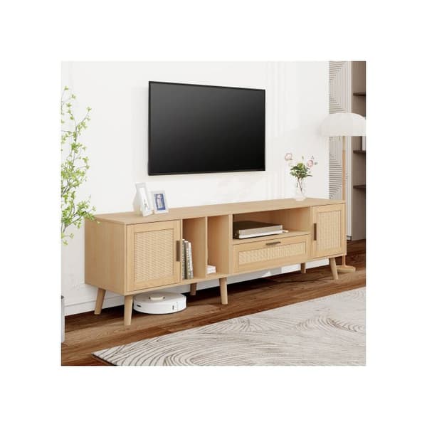 Rymlig TV-möbel på 180 cm, 2 dörrar och 1 låda, fötter i massivträ, kan rymma en TV på 80".