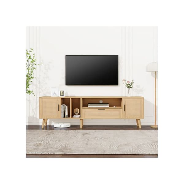 Rymlig TV-möbel på 180 cm, 2 dörrar och 1 låda, fötter i massivträ, kan rymma en TV på 80".