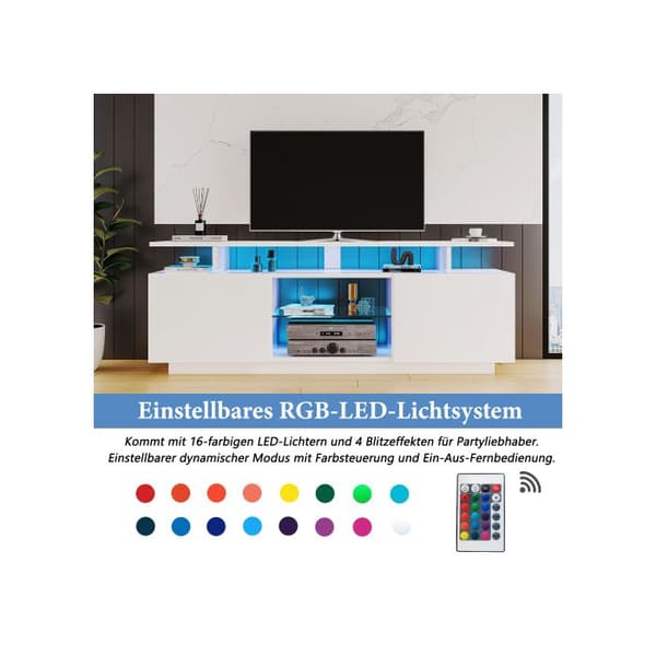 Moderna vit TV-möbel med LED-belysning i 16 färger, 1,4 m lång - Elegant förvaringsmöbel för 60 tums TV