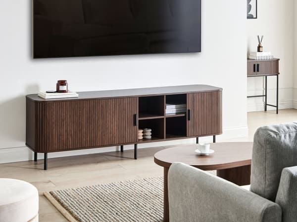 TV-stativ Mørkebrunt Svart Ben MDF Metall TV opptil 70ʺ Retro Skyveskap Kabelhåndtering Stue