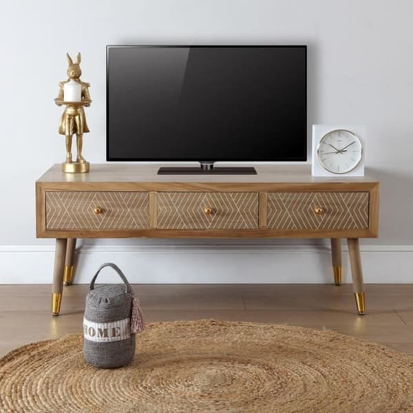 Lång och låg tv-bänk - Versa - Kamaira - 43x50x107cm - Möbel för vardagsrum i trä - Brun