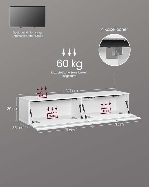 Rootz Hanging TV Lowboard - Media Console - Floating Stand - Space Saving Design - 147cm x 35 cm x 30 cm, Snow White