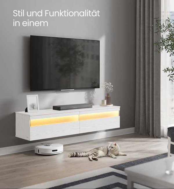 Rootz Hanging TV Lowboard - Media Console - Floating Stand - Space Saving Design - 147cm x 35 cm x 30 cm, Snow White