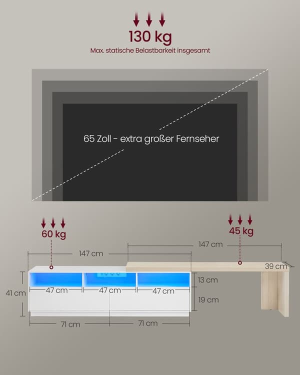 Rootz L -format TV -skåp - Justerbar mediestativ - Underhållningsenhet - Anpassningsbar längd - (162-270) x39x41cm - White -Browne