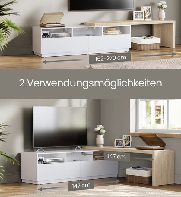 Rootz L -format TV -skåp - Justerbar mediestativ - Underhållningsenhet - Anpassningsbar längd - (162-270) x39x41cm - White -Browne