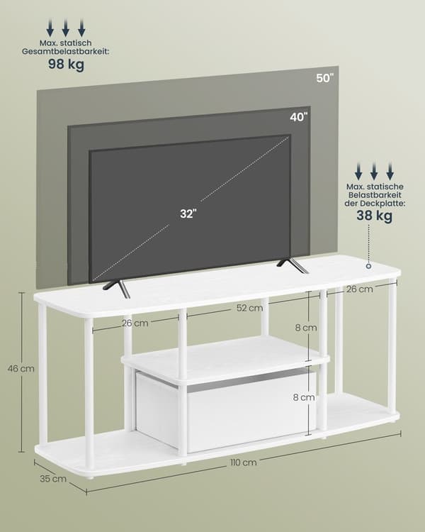Rootz TV -kabinet - White - Wisipboard Storage - Understøtter 50 "TVS - 110x35x46cm