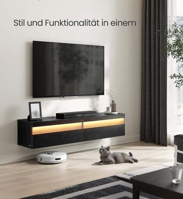 Rootz TV Lowboard Hanging Unit - Black - Floating TV Stand - MDF & Hard Glass - Space Saving Design - 147cm x 35 cm x 30cm