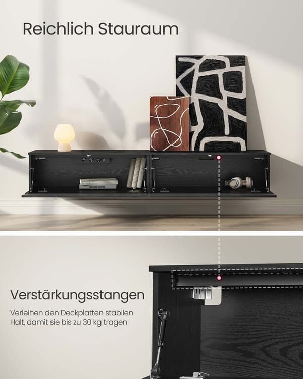 Rootz TV Lowboard Hanging - TV Stand - Media Console - Rumbesparende design - 178 cm x 35 cm x 30 cm - Ebony Black