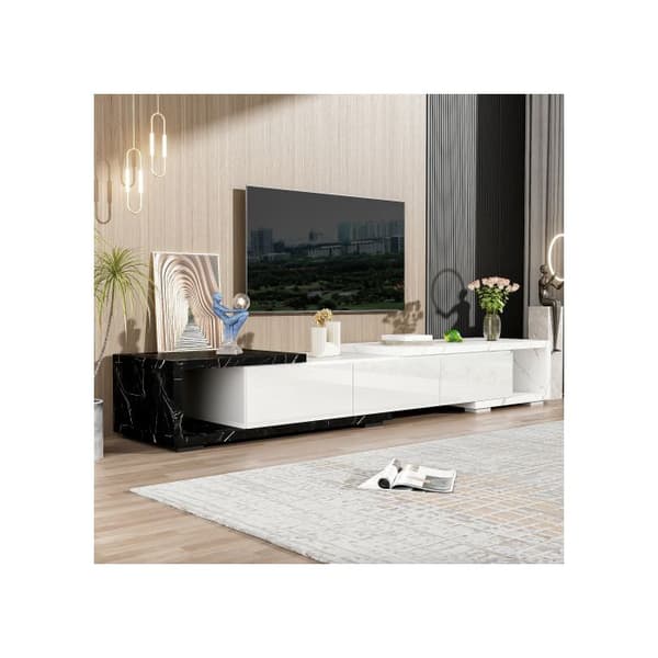 TV-skåp hög glans, justerbar längd (140-179,5 cm) - Modernt TV-skåp med marmorutseende