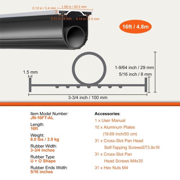 Garageport Tætningsliste 16ft, U + O Form, Vejrbeskyttelse, Nem Installation,16 fod 4,8 meter bred base
