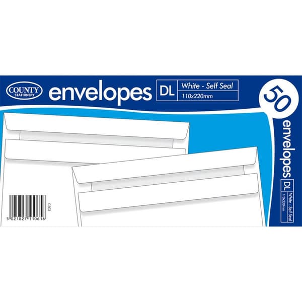 County Stationery Self Seal Envelope (Pack of 50) White DL