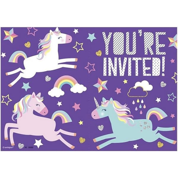 Unique Party Stars & Unicorn Invitations (Pack of 8) Purple/White One Size