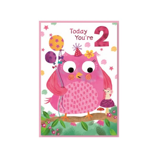 Simon Elvin Owl 2nd Birthday Greetings Card (Pack of 6) White/Pink/Green One Size