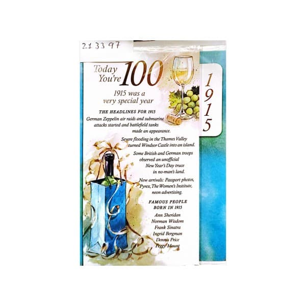 Simon Elvin 100th Birthday Greetings Card Blue/White/Brown One Size