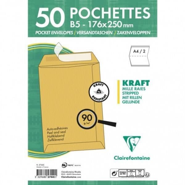 50 kuvert - Brun Kraft - B5 176x250mm - Självhäftande - Clairefontaine