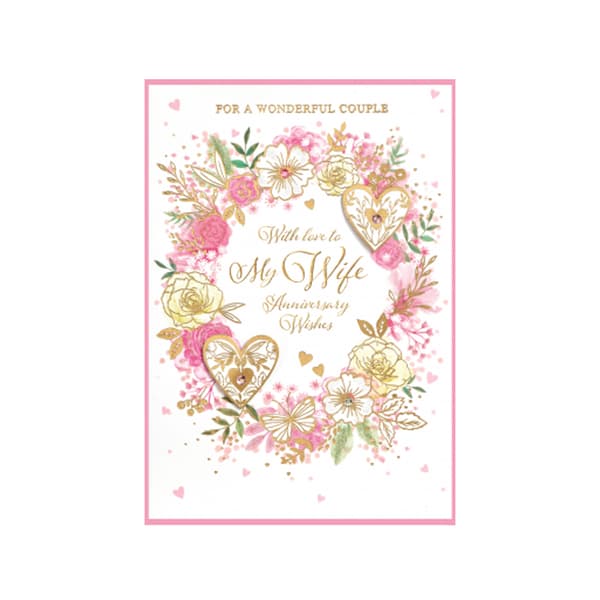 Simon Elvin My Wife Anniversary Wishes Isabal Garden Wreath Greetings Card (Pack of 6) White/Pink/Gold One Size