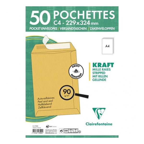 50 kuvert - Brun Kraft - C4 229x324mm - Självhäftande - Clairefontaine