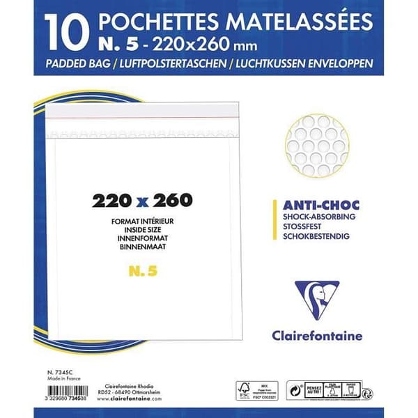 Clairefontaine - Ett paket med 10 vita fickor vadderade med bubbelplast 22x26 cm 90g - 7345C