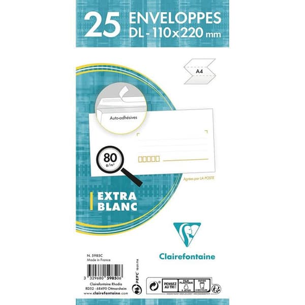 Kuvert - CLAIREFONTAINE - Claircode 110x220 - 80g - Vit - förpackning om 25 st