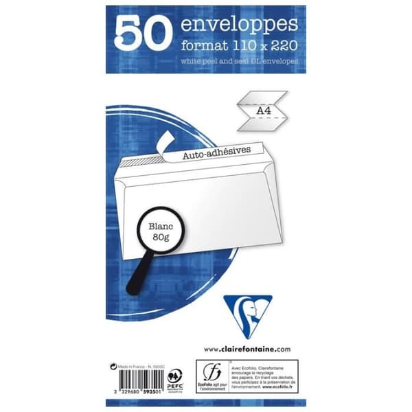 Adhclair kuvert - CLAIREFONTAINE - 110x220 mm - 80g - Vit - Blandat