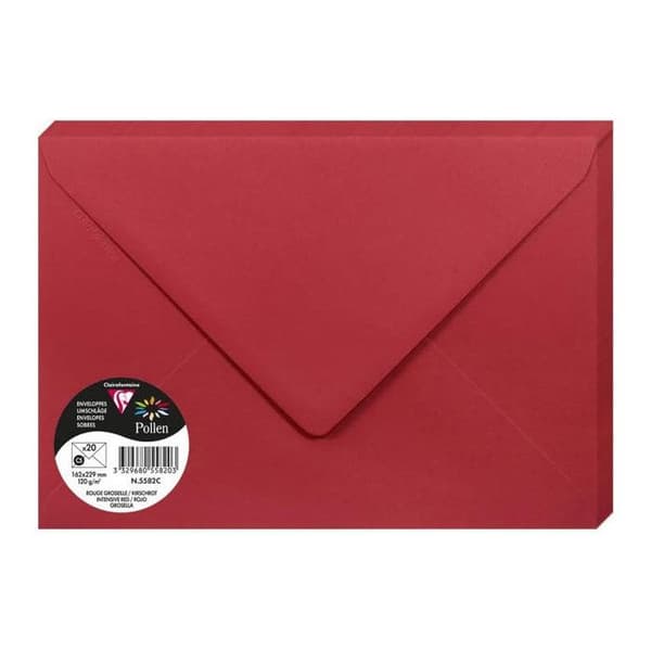 Kuvert - CLAIREFONTAINE - Pollen - 120g - 162x229 mm - Vinbärsröd - Paket med 20 st