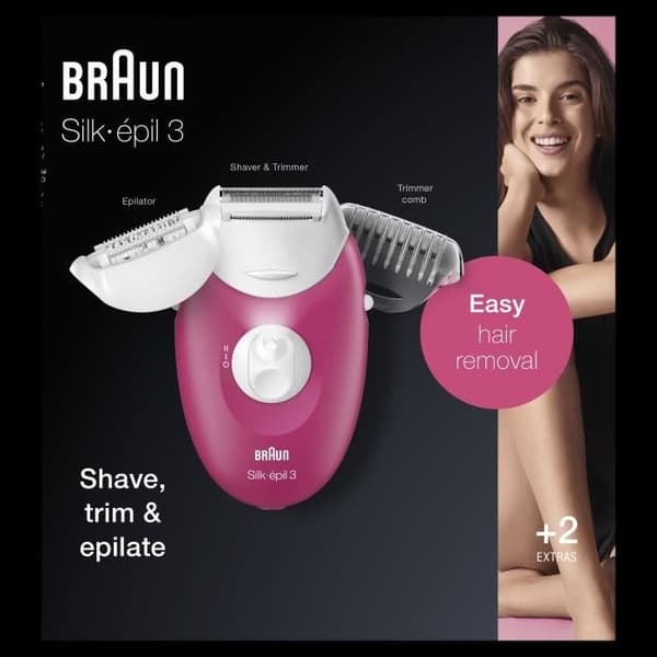 Braun Silk-épil 3 SE 3410 elektrisk epilator för kvinnor - 3 tillbehör ingår