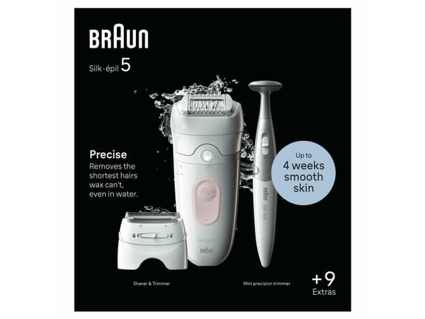 Braun Silk-épil 5 5-230, Rosa, Vit, 28 pincetter, MicroGrip, 0,5 mm, Batteri, Inbyggt batteri