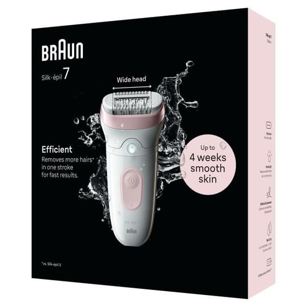 Elektrisk epilator - BRAUN - SILK EPIL 7 SE 7-000 - 2 hastigheter - Trådlös - 40 min - Vit / Rosa
