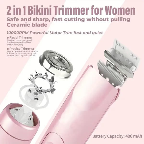 2-in-1-kaksoispääparranajokone naisille, IPX7-vedenpitävä, bikinitrimmeri, kaksipää, Type-C