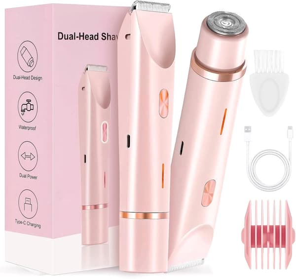 2-in-1-kaksoispääparranajokone naisille, IPX7-vedenpitävä, bikinitrimmeri, kaksipää, Type-C