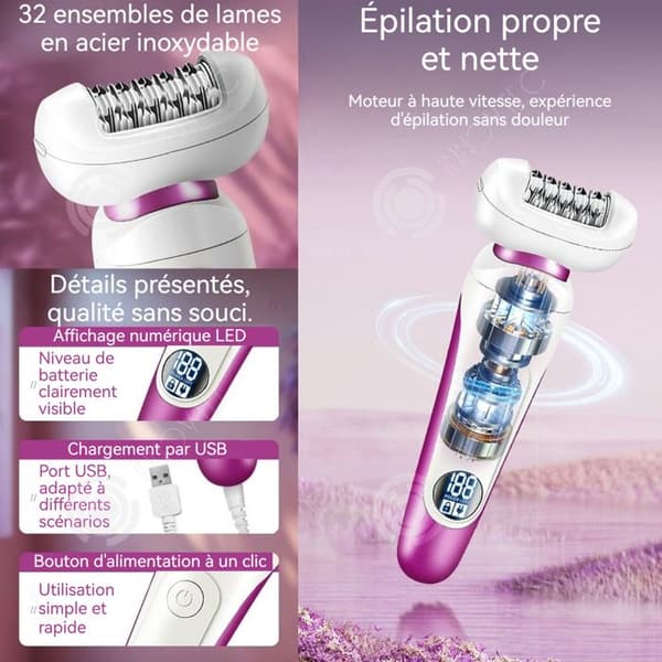 INN Epilator 600mAh 5 massagetillbehör i rostfritt stål, användbar på alla kroppsdela, 60 minuters driftstid, IPX5
