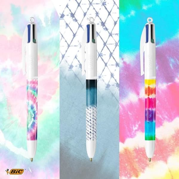 BIC Tie Dye skrivbordsset med 4-färgs BIC Tie Dye kulspetspennor och Mini Pocket Mouse korrigeringstejper med matchande design