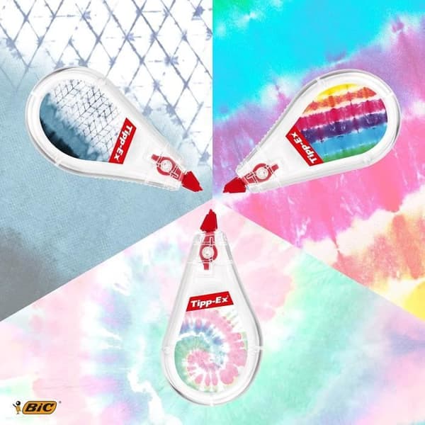 BIC Tie Dye skrivbordsset med 4-färgs BIC Tie Dye kulspetspennor och Mini Pocket Mouse korrigeringstejper med matchande design