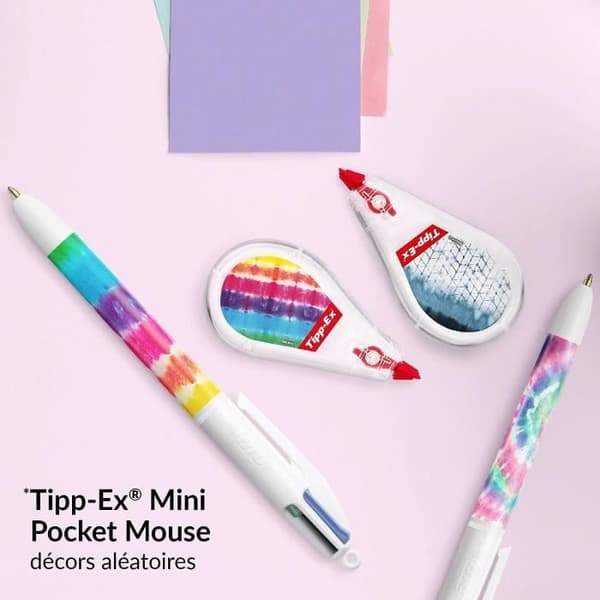BIC Tie Dye skrivbordsset med 4-färgs BIC Tie Dye kulspetspennor och Mini Pocket Mouse korrigeringstejper med matchande design