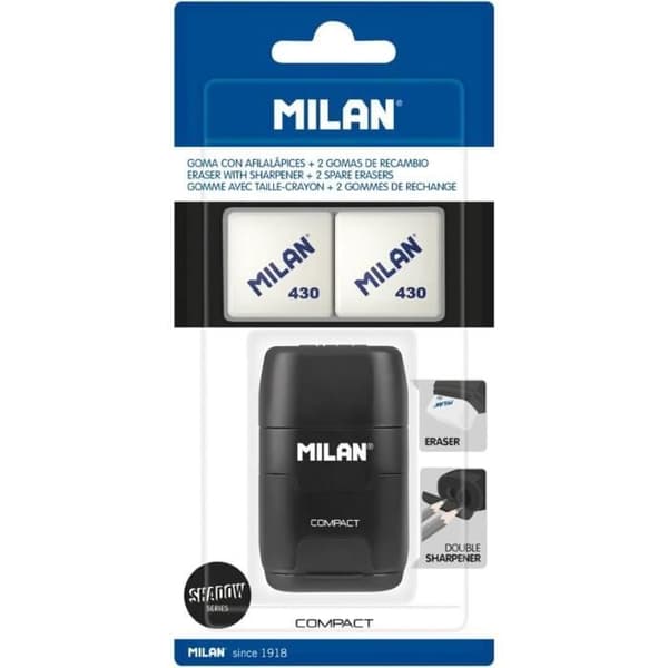 Suddgummi med pennvässare - MILAN - COMPACT Shadow - Svart - 2 refills - Barn/Blandat