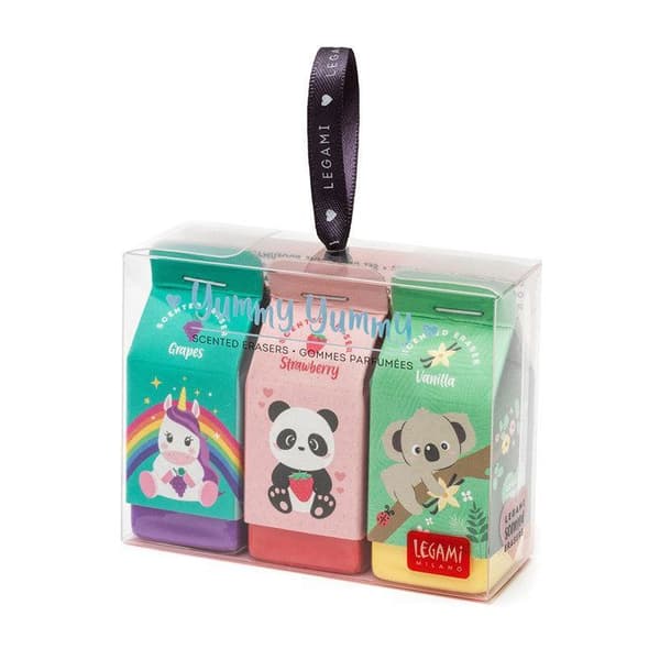 Doftsuddgummi - LEGAMI - Smaskigt - Set med 3 - Jordgubbar, vindruvor, vanilj - Enhörning, koala, pandamodeller