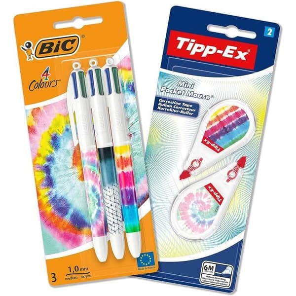 BIC Tie Dye skrivbordsset med 4-färgs BIC Tie Dye kulspetspennor och Mini Pocket Mouse korrigeringstejper med matchande design