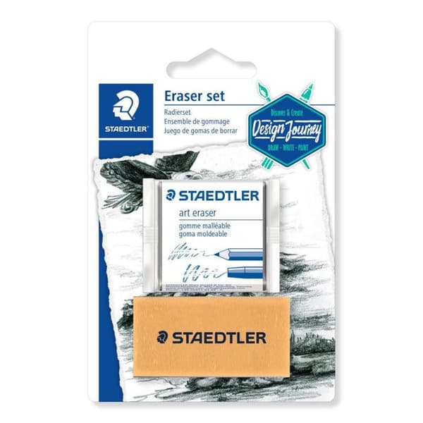 Etui med 1 brödsmulsgummi och 1 Staedtler konstnärligt suddgummi