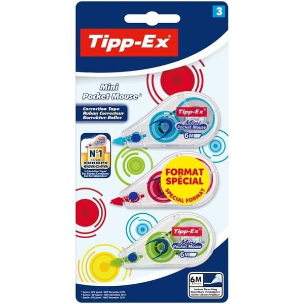 Tipp-Ex® - Set med 3 Tipp-Ex Mini Pocket Mouse Mode korrigeringsband - Himmelsblå, äppelgrön, röd och gul