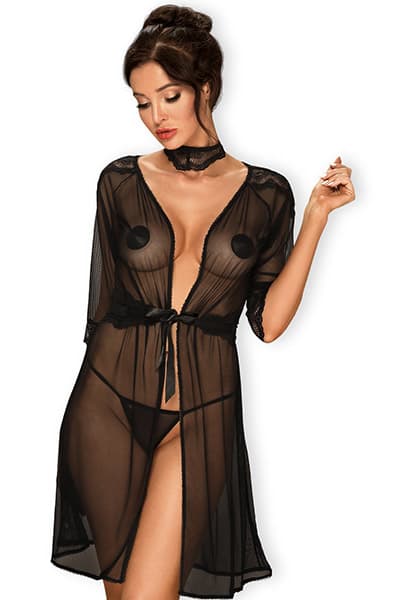 Obsessive Lucita Peignoir Black Seksikäs aamutakki S/M